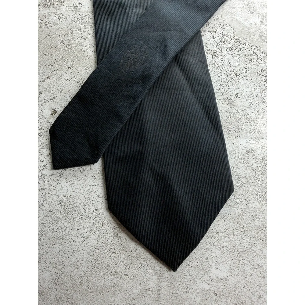 Gucci Cotton Silk Tie Mens OS Black Charcoal Jacquard Embroidered Logo Necktie